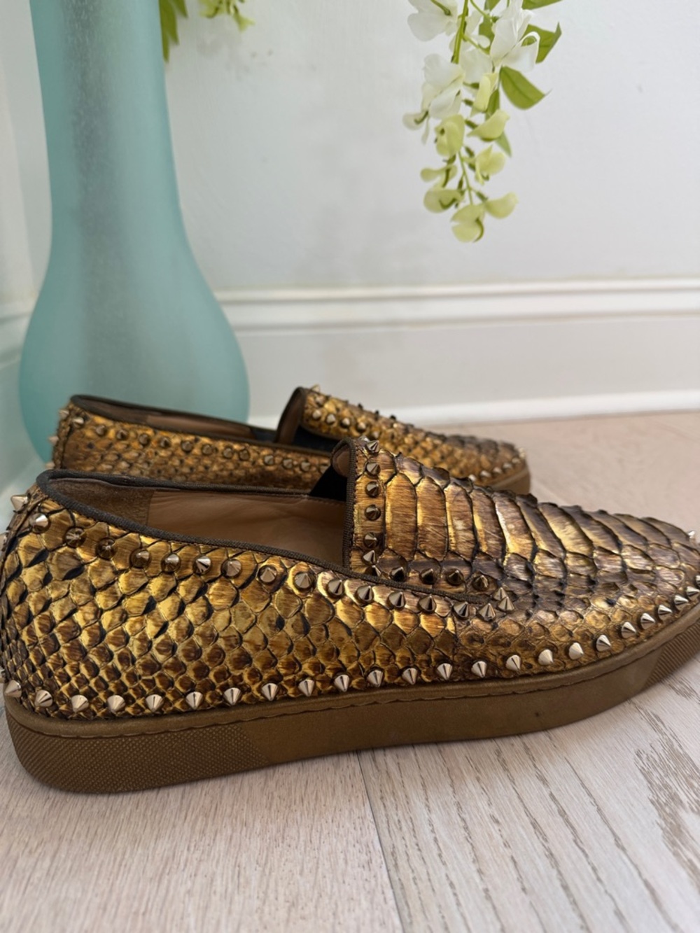 Christian Louboutin Gold Metallic Snakeskin Studded Loafers